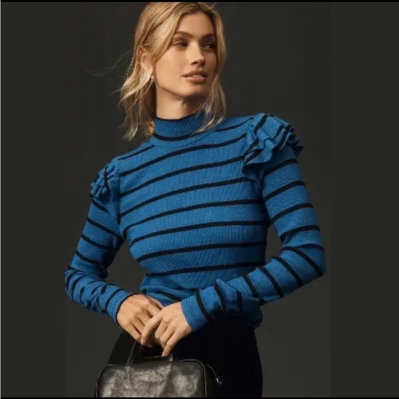 T.La Anthropologie Blue Black Striped Ruffle Mockneck Top Blouse Womens XS - Picture 1 of 4